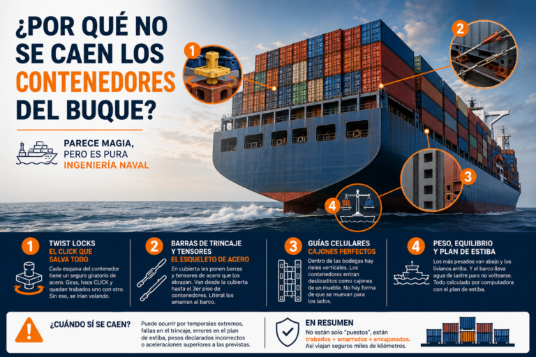 ¿Por qué no se caen los contenedores del buque?